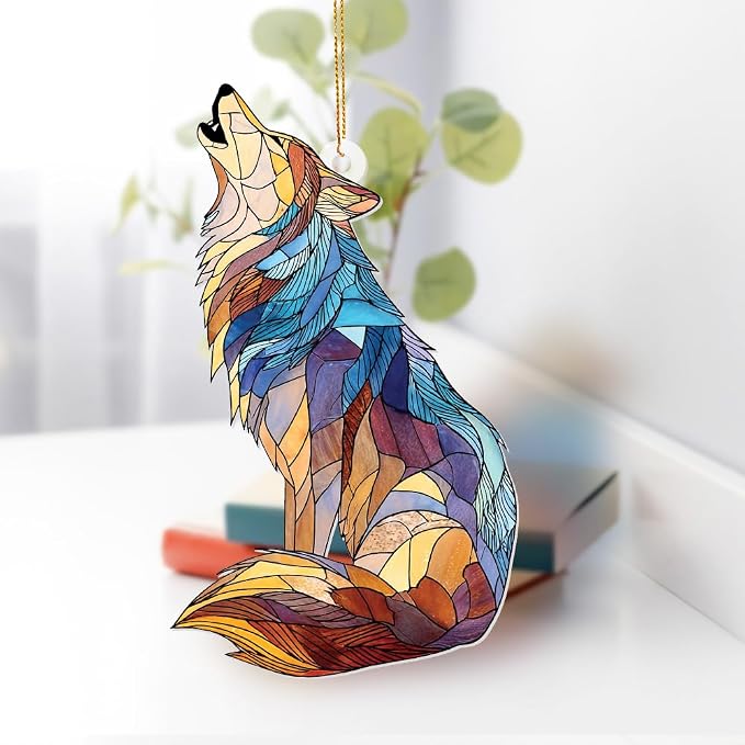 Wolf Stained Glass Ornament, Howling Wolf Window Hanging Acrylic Suncatcher, Wildlife Animal Decor for Home, Car Mirror, Office, Collectible Ornament Gift for Wolf Lovers (Sun-09)