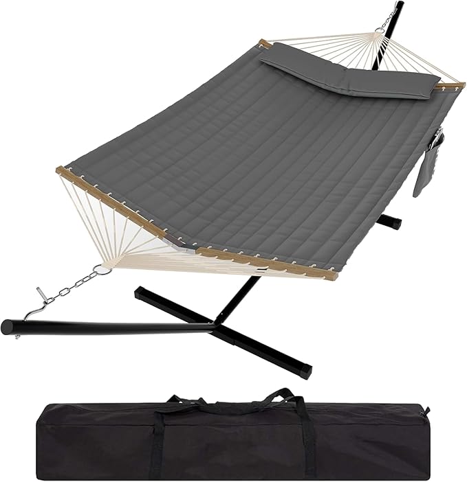 IDEALHOUSE Double 2 Person Hammock with Space Saving Steel Stand, Carry Bag, 450lbs Weight Capacity, Indoor Outdoor for Garden Camping & Beach, Grey
