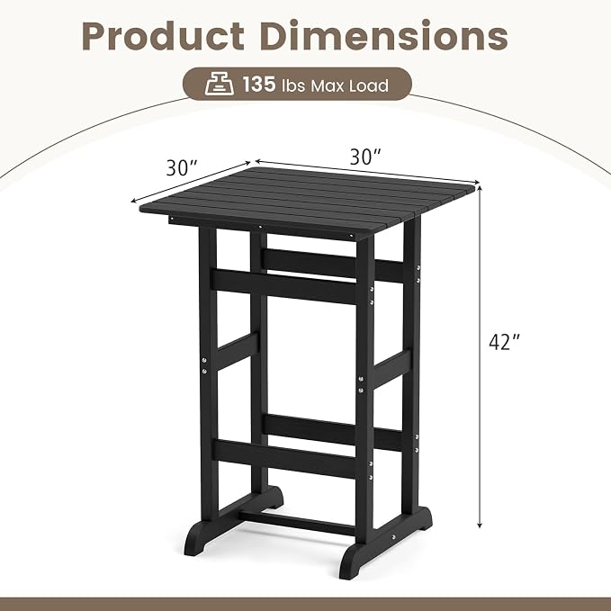 Tangkula 30" x 30" Square Bar Table, Patio HDPE Bar Height Dining Table w/Slatted Tabletop, Outdoor All-Weather High-Top Bistro Table for Poolside, Backyard, Balcony