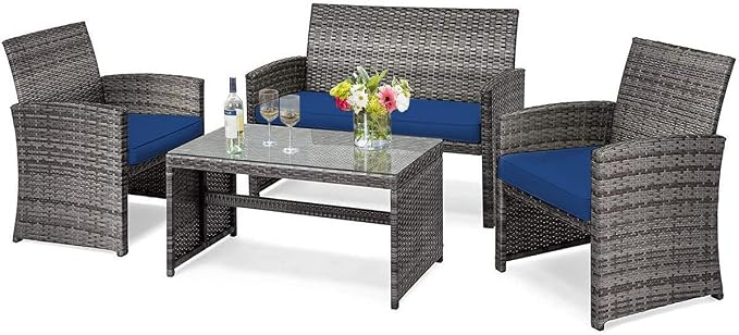 DORTALA 4 Piece Patio Furniture Set, Outdoor Wicker Conversation Set with Soft Cushions & Tempered Glass Coffee Table, Rattan Patio Sofa Bistro Sets for Courtyard Balcony, Navy
