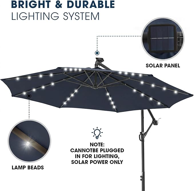 wikiwiki 10ft Solar Offset Patio Umbrella, Outdoor Cantilever Patio Umbrellas with Solar LED Lights for Backyard, Poolside and Garden, Easy Tilt Adjustment, 32 LED Lights & Polyester Shade, Navy Blue