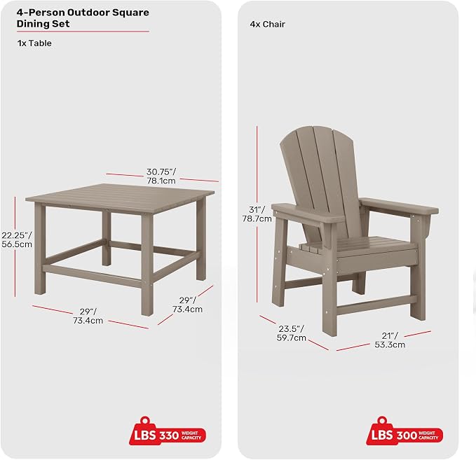 Costaelm Paradise Kids 5-Piece HDPE Outdoor Square Patio Dining Table and Chairs Set, Weathered Wood