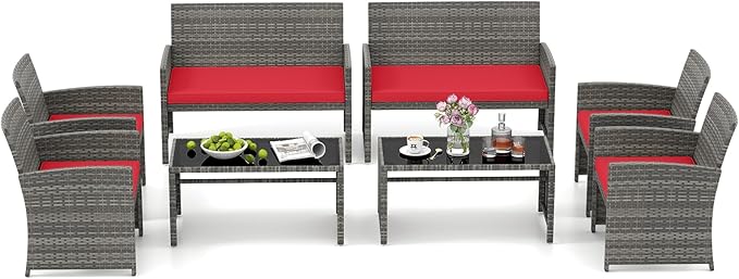 HAPPYGRILL 8 Piece Rattan Wicker Patio Conversation Set, Outdoor Furniture with Chair Loveseat Table & Cushion, for Backyard Porch Balcony (2, Red)
