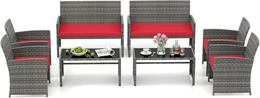 HAPPYGRILL 8 Piece Rattan Wicker Patio Conversation Set, Outdoor Furniture with Chair Loveseat Table & Cushion, for Backyard Porch Balcony (2, Red)