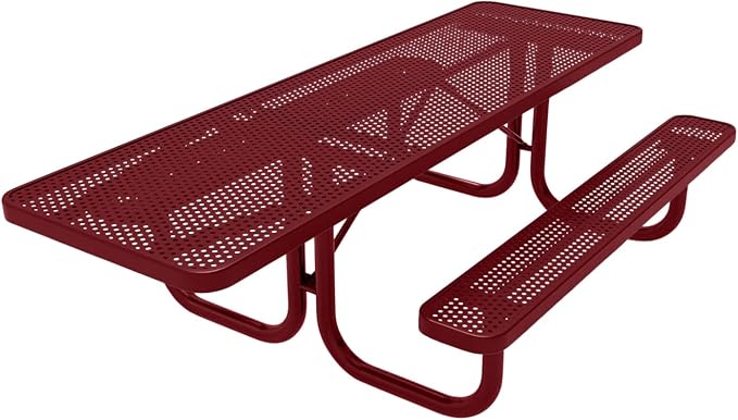 COATEDOUTDOORFURNITURE Heavy-Duty Portable ADA-Compliant Outdoor Picnic Table, Punched Steel Patio Furniture Made in America (8ft Rectangular, One-Side Handicap, Burgundy with Burgundy Frames)