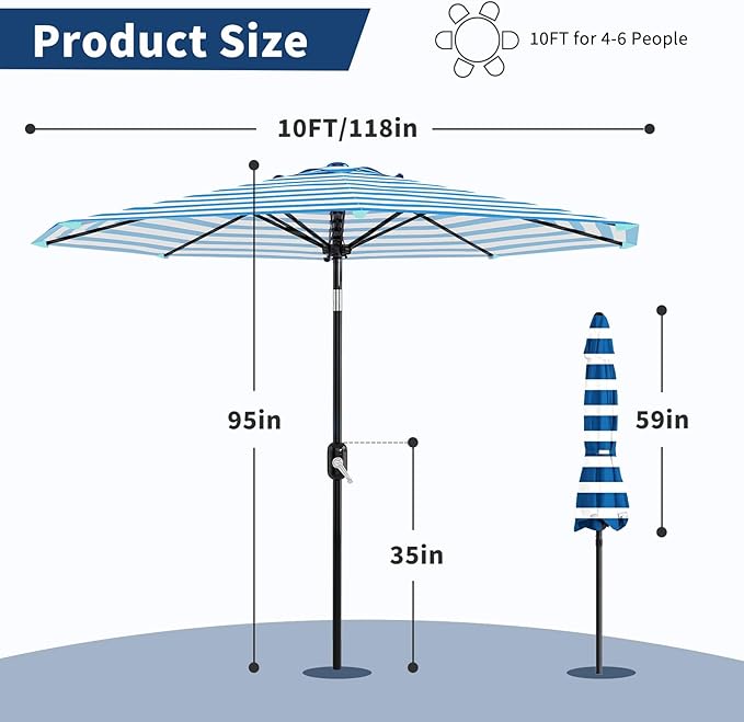 GarveeLife 10FT Patio Umbrella Outdoor, Table Umbrella with Push Button Tilt and Crank, 8 Sturdy Ribs UV Protection Waterproof for Garden, Pool, Market, Deck (Blue & White Stripe)