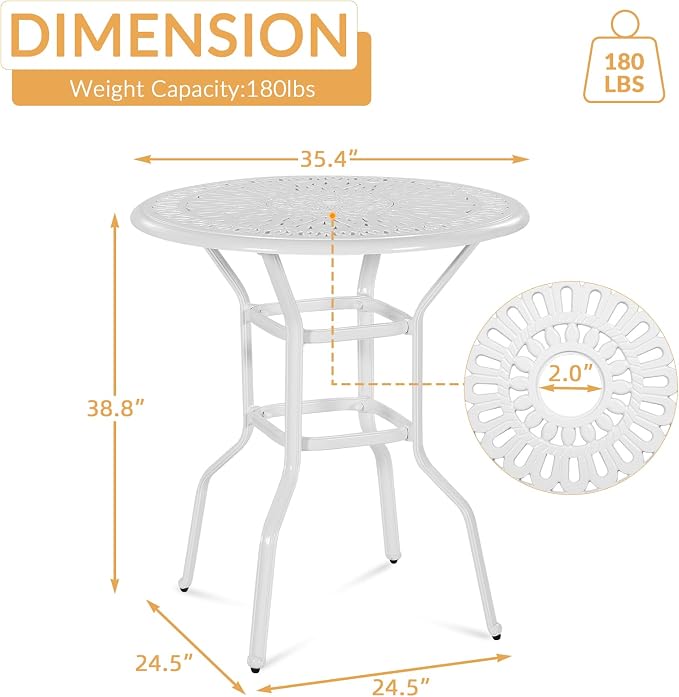 Cast Aluminum Patio Bar Table, 35.4" Outdoor Bar Height Bistro Table with 2" Umbrella Hole, Patio Bistro Round High Top Dining Table Pub Table for Porch Balcony Backyard, White