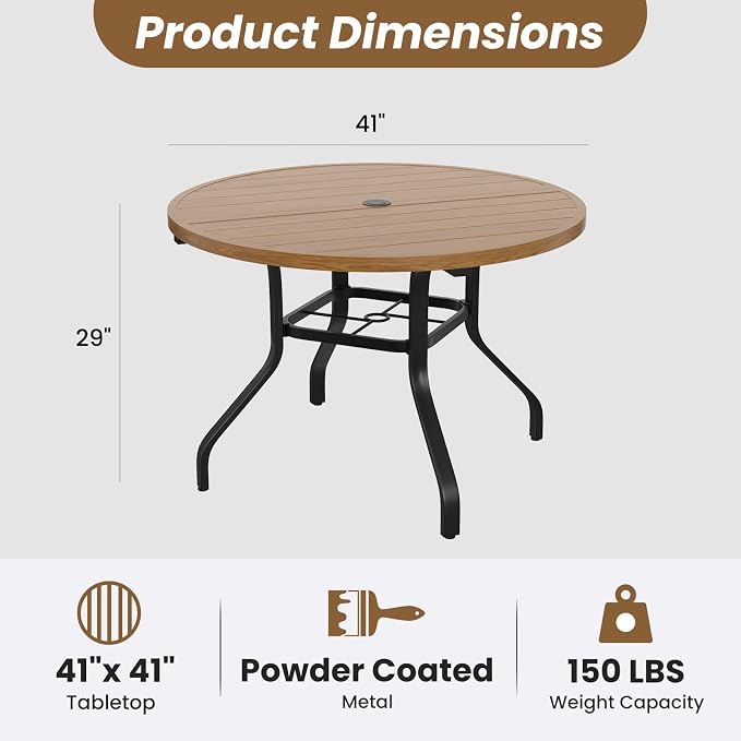 HRVEOCEI 47" Outdoor Round Table with Umbrella Hole, Metal Patio Dining Tables for Lawn Garden, Wood-Like Grain Bistro Table Outdoor for Backyard,Poolside,Deck,Por (Natural, Round)