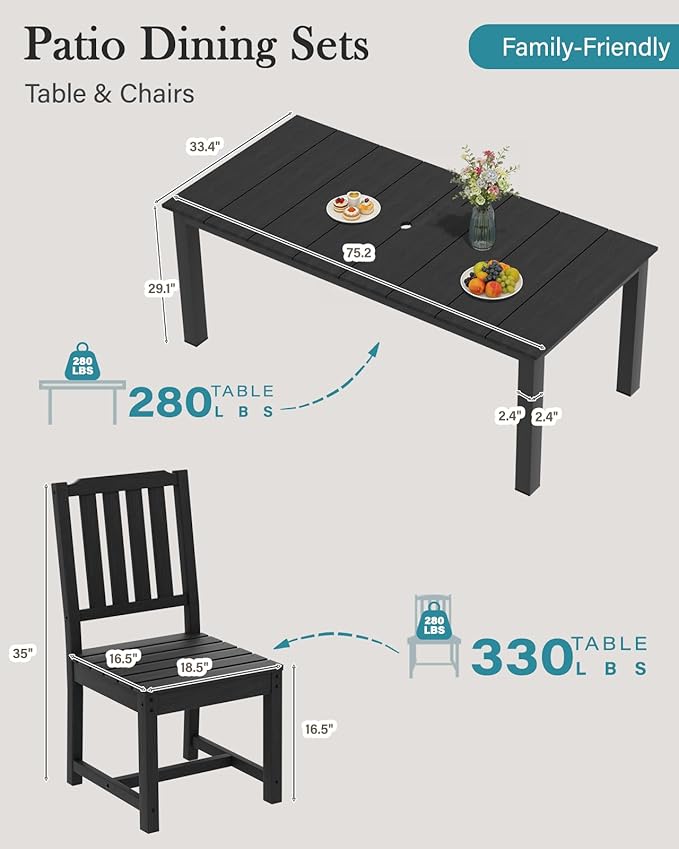 LOUNZY 9 Pieces Patio Dining Sets,Outdoor HDPE Furniture Set for 8 w/ 2" Hole Cut-Out Dining Table with 8 Patio Chairs(2 W/Armrest, 6 w/o Armrest),Black