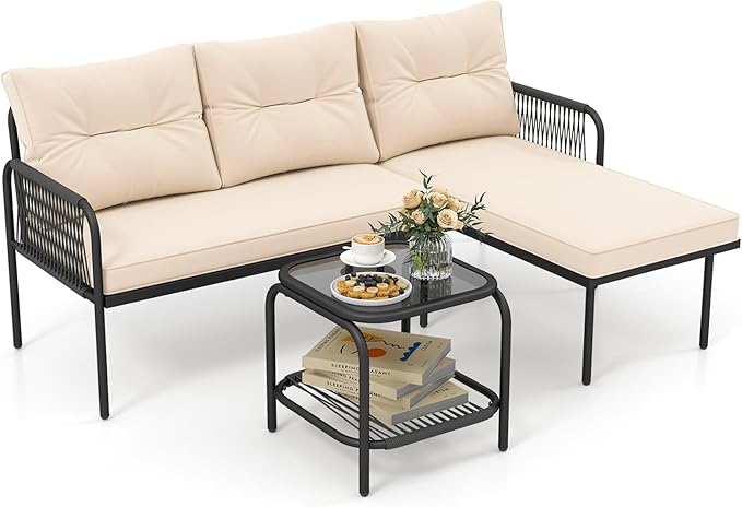 Tangkula 3-Piece L Shaped Patio Furniture Set, PE Rattan Sectional Sofas with Tempered Glass Table, Back and Seat Cushions, Outdoor Conversation Set for Porch, Backyard and Poolside