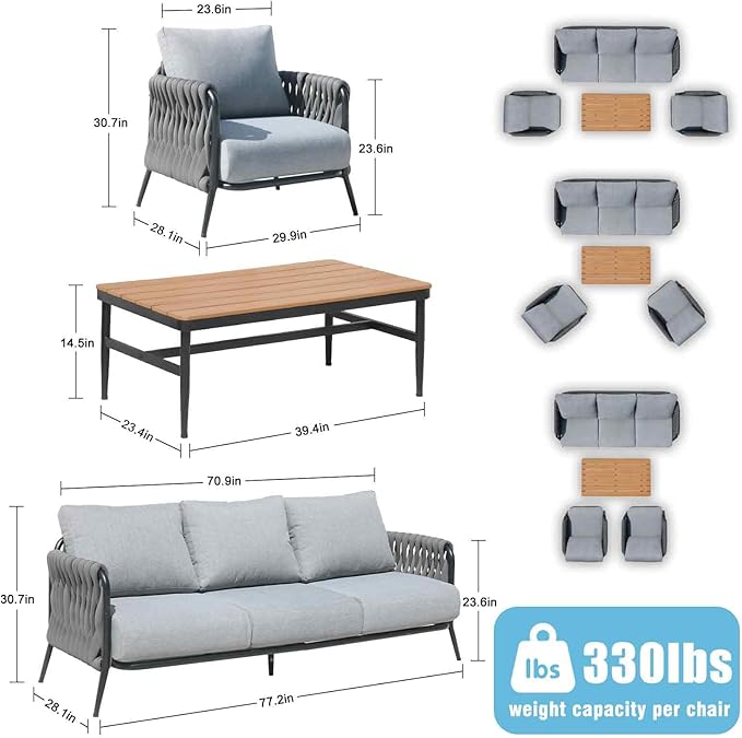 Outdoor Patio Furniture Set, 4/5 Seater Conversation Sofa Set with WPC Coffee Table, Powder-Coated Steel Frame, 6-Inch Thick Polyester Cushions for Garden, Balcony & Backyard (5 Seats)
