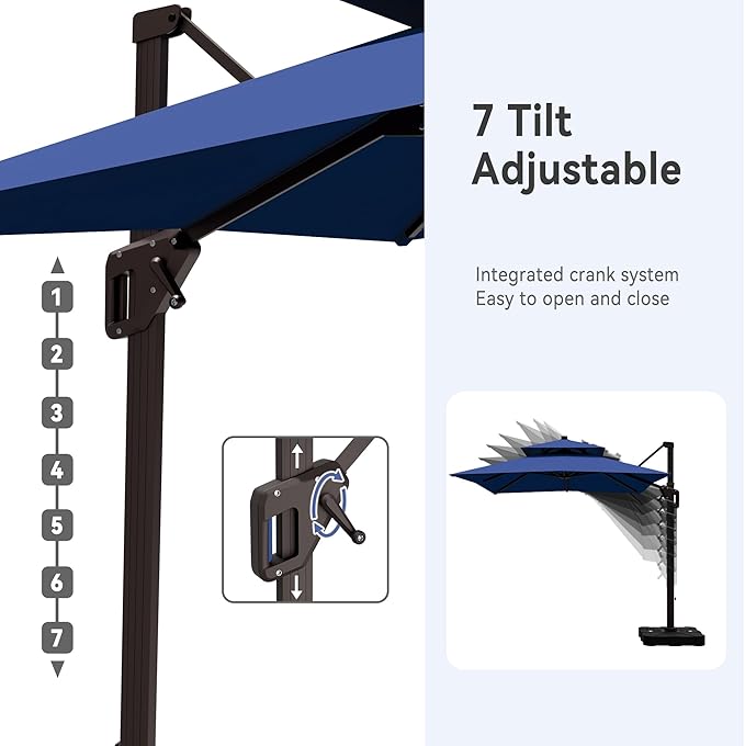 10' X 13' Cantilever Patio Umbrella Double Top Rectangular Outdoor Large Offset Umbrellas with 7 Tilts Adjustable 360°Rotation for Deck Pool Garden Backyard, Navy
