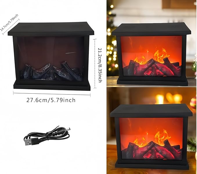 Simulated LED Fireplace Lantern USB & Battery Powered Flameless Light with Simulation Flame Table Decorative Lamp Mini Fireplace Ornament for Cozy Home Decor Free Standing Electric Log Burner