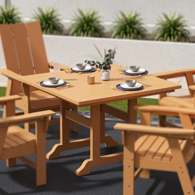 WestinTrends Malibu Outdoor Dining Table, All Weather Poly Lumber Adirondack 43" Trestle Square Patio Table with Umbrella Hole, Teak