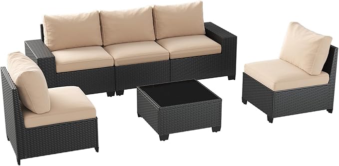 Aoxun Patio Furniture Set, 6 Pcs Outdoor Patio Furniture Sets with 4in Thicken Cushion, Widen Armrests Wicker Outdoor Sectional for Backyard