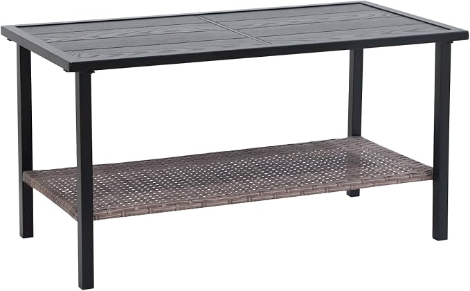COOS BAY Sunset Haven Outdoor Patio Coffee Table, Rectangle Outdoor Coffee Table with Double-Tier Storage, Wicker Patio End Table, 35.4"x18.1"x18.5", Brown