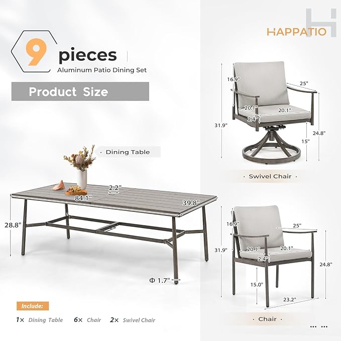 HAPPATIO 9-Piece Patio Table and Chairs Set for 8, Aluminum Outdoor Dining Set with Cushions, 6 Dining Chairs and 2 Swivel Chairs, 1 Large Rectangular Table with Umbrella Hole, Grey