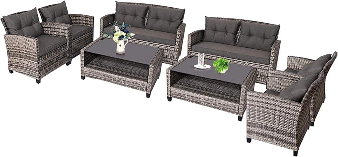 Tangkula 8 PCS Patio Wicker Conversation Furniture Set, Outdoor Rattan Sofa Set with Padded Cushion & Tempered Glass Coffee Table, Wicker Sectional Sofas & Table for Courtyard Balcony Garden (2, Grey)