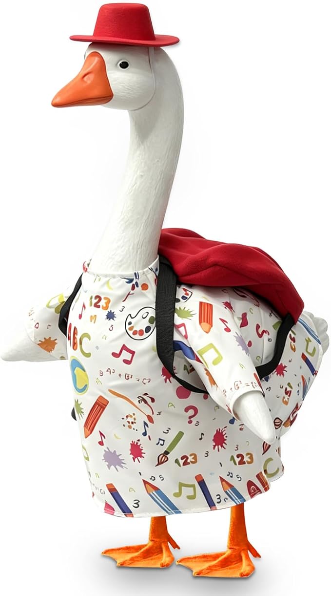 Porch Goose Outfits Back to School: Funny Hat Pencil Red Backpack Lawn Goose Clothes Fits 23 Inch Cement Plastic Statue for School Classroom Outdoor Garden