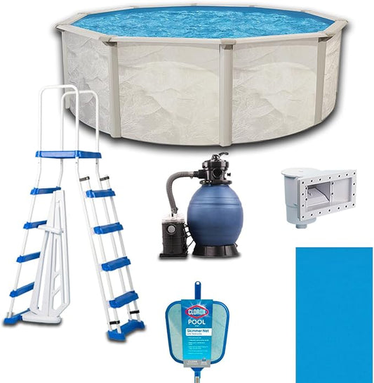 WaterThat Steel Frame Above-Ground Pool Kit, DIY Family Size Backyard Pool with Sand Filter Pump, Ladder, Liner, Skimmer, and Net (Boulder, 15' x 52")