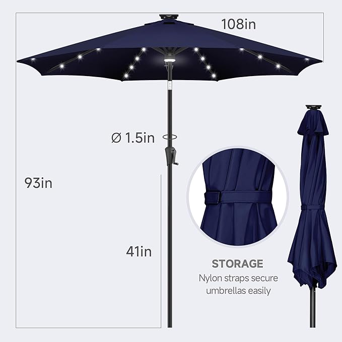 FLAME&SHADE 9 FT outdoor umbrella with 40LED lights, solar light patio umbrella with Centre Surround Light, Table Market Umbrella Outdoor Patiofor Deck, Pool, Backyard, Garden (Navy Blue)