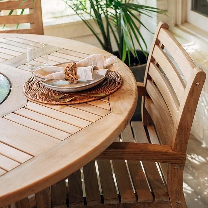 Ash & Ember Grade A Teak 59" Round Dining Table with Granite Lazy Susan, Turntable Rotating Tray Serving Plate, Slatted Surface with Umbrella Hole, Fits 4 People Comfortably, Weather-Resistant