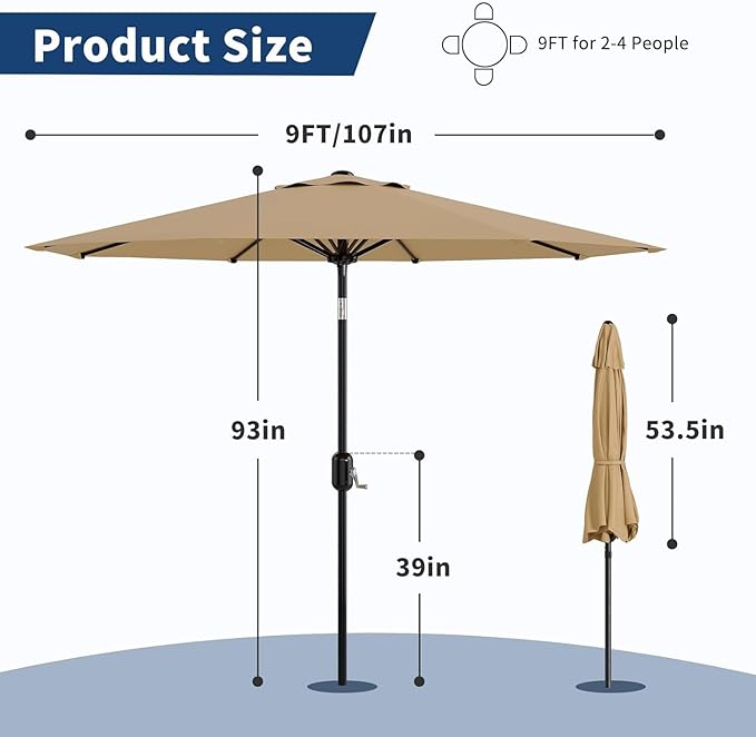 IDEALHOUSE 9Ft Outdoor Patio Umbrella, 8 Sturdy Ribs Table Umbrella With Crank Lift & Push Button Tilt, Market Umbrella UV Protection Waterproof for Garden, Deck, Backyard, Pool