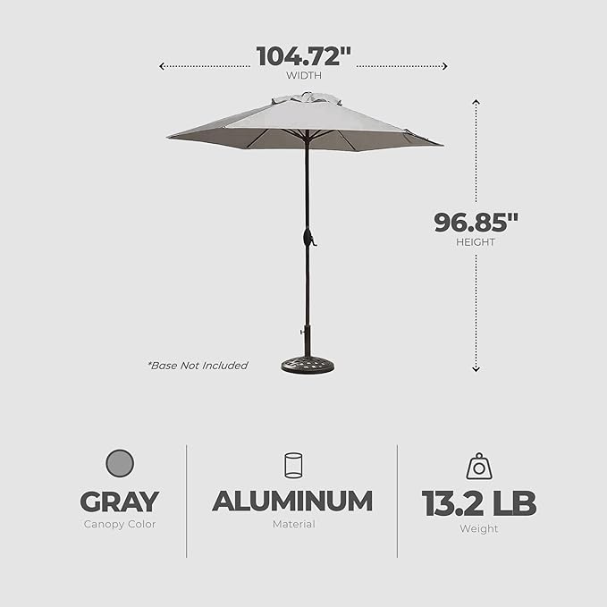 Four Seasons Courtyard 9 Foot Palermo Market Patio Umbrella Round Outdoor Backyard Shaded Canopy with Push Button Tilt and Aluminum Pole, Gray