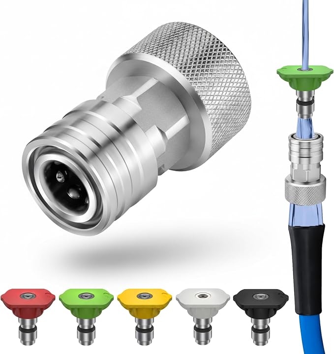 Garden Hose to Mini Power Washer Adapter-3/4 GHT to 1/4", Stainless Steel Garden Hose to Pressure Washer Adapter, Leak-Proof Secure Fit Quick Installation for Car Garden Window (Connector +5 Nozzle)
