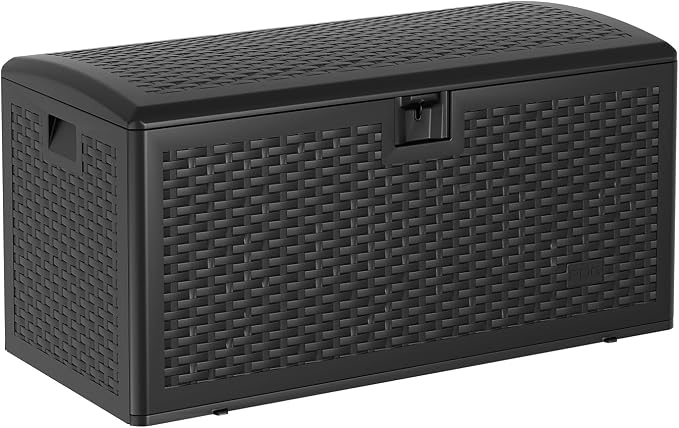 Jojoka 120 Gallon Lockable Outdoor Storage Box - Waterproof UV-Resistant HDPE Resin Deck Box with Gas Spring Lid - Great for Patio Furniture Cushions, Garden Tools, Pool Supplies - Black, Gas Spring
