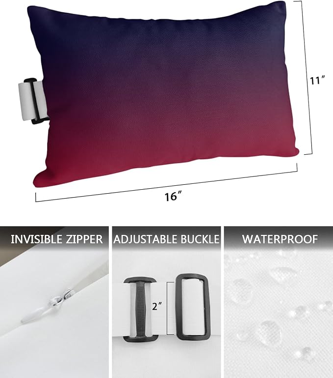 Outdoor Pillows Covers with Inserts Purple Red Gradient Waterproof Recliner Pillow with Adjustable Strap Throw Pillows for Patio Furniture Pool Lounge Chair, 11x16 inch, 1PCS