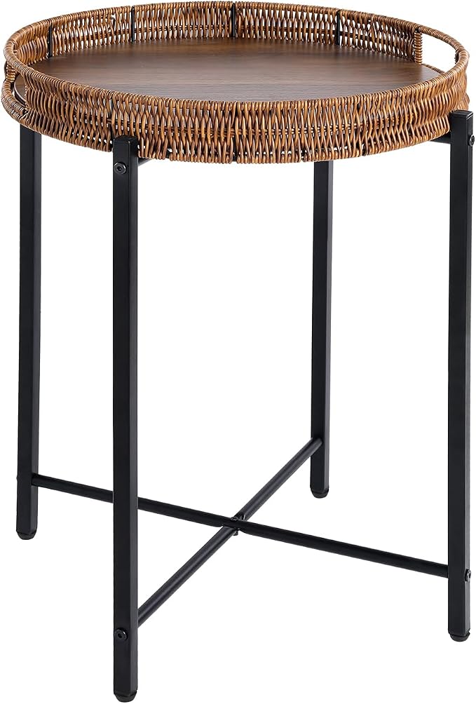 16.5in Round Rattan Side Table with Wooden Top, Small Wicker End Table, Indoor/Outdoor Use