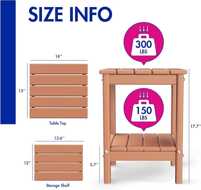 BRIOPAWS Outdoor-Side-Table | Small | HDPE Plastic | Patio End-Table | 2-Shelf Adirondack Outside Tables | All Weather | for Poolside Front Porch Indoor Living Room | 14" x 13" | Teak