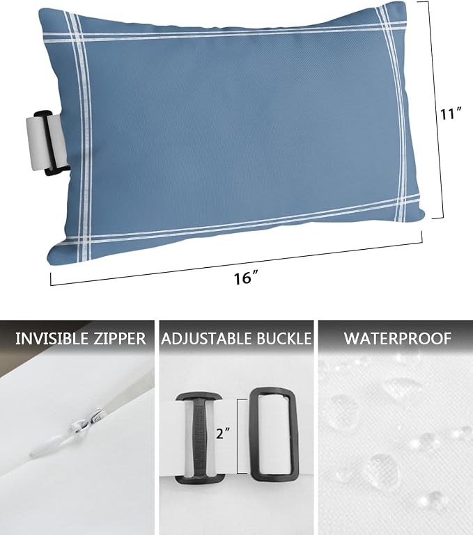 Outdoor Pillows Covers with Inserts Solid Color RoyalBlue Waterproof Recliner Pillow with Adjustable Strap Throw Pillows for Patio Furniture Pool Lounge Chair, 11x16 inch, 1PCS