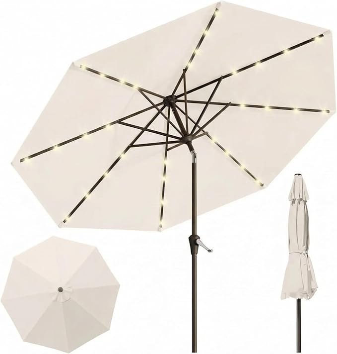 10FT Solar Lighted Patio Umbrella, Outdoor Table Market Umbrellas with Push Button Tilt and Crank, 32 LED Lights, 8 Sturdy Ribs, UV-Resistant for Deck, Garden, Pool