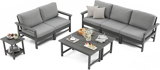 HDPE Outdoor Patio Furniture Set with Cushions, 8 Piece Patio Conversation Set Sofa Set,All Weather Outdoor Couch Set with Coffee Table for Lawn, Garden, Deck