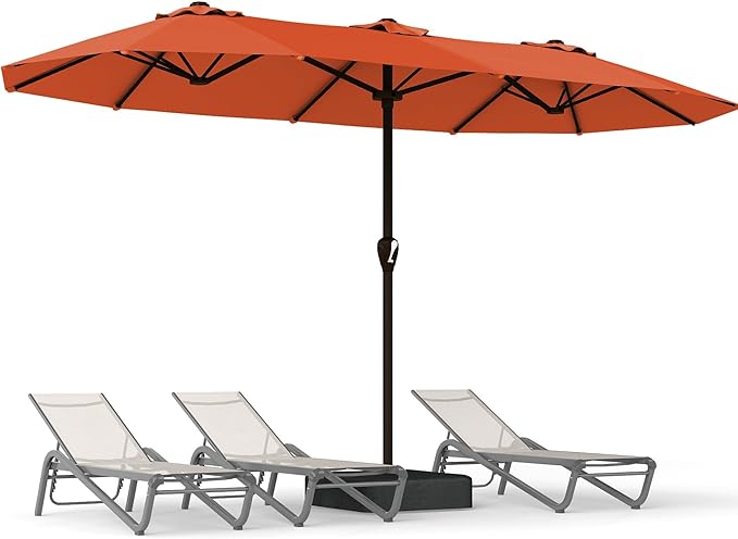 15FT Large Patio Umbrella with Base, Double Sided Rectangular Outdoor Umbrella with Sturdy Fiberglass Ribs, UPF 50+ Sun Protection, Wind-Resistant, Waterproof Fade-Resistant Fabric for Pool, Garden, Backyard, Deck(Orange)