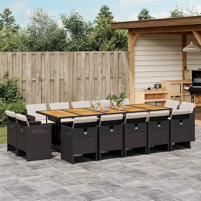14-Piece Poly Rattan Patio Dining Set with Cushions, Black/Cream | Features a spacious dining table and cushioned seating, designed for hosting large family gatherings in your backyard.