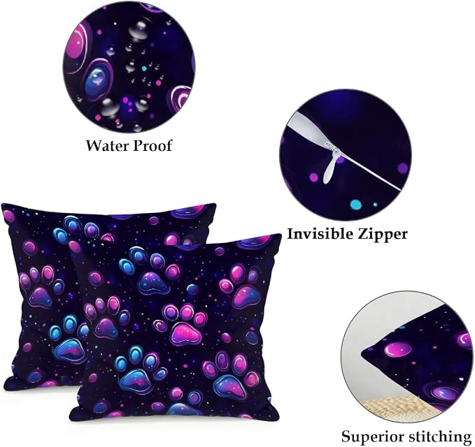 20x20 Inch Outdoor Pillow Covers Set of 2 Waterproof Throw Pillow Covers Decorative Couch Cushion Covers Neon Glowing Cat Paw Square Pillowcases Protectors for Patio Garden Sofa