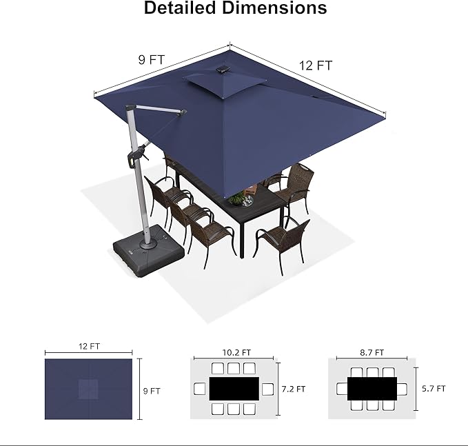 PURPLE LEAF 9' X 12' Solar Powered LED Rectangle Cantilever Umbrella With Base Patio Umbrellas Windproof Hanging Umbrellas Outdoor Umbrellas Offset Umbrella, Navy Blue