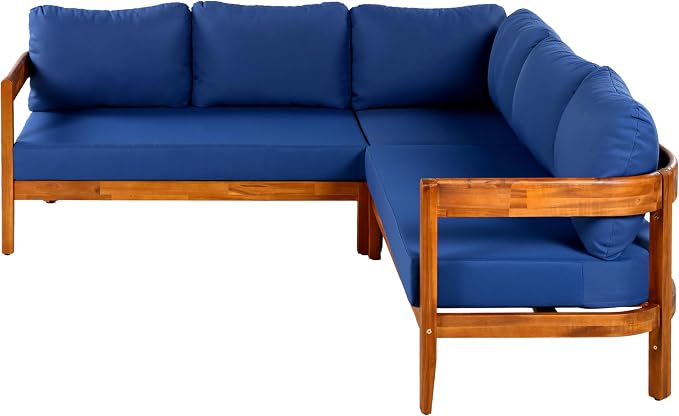 VilroCaz Outdoor Patio Furniture Set, L-Shaped Acacia Wood Sectional Sofa with 6 Soft Seat Cushions and Backpack, All-Weather Conversation Set with Arc Frame for Garden Backyard Porch (Blue-3.19)