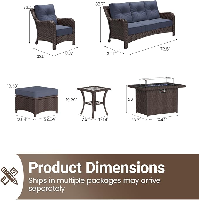 7 Pieces Outdoor Furniture Set with 6-inch Cushions, High Back Wicker Swivel Rocker Chairs with Fire Pit Table, Luxury Conversation Set for Deck Patio and Poolside