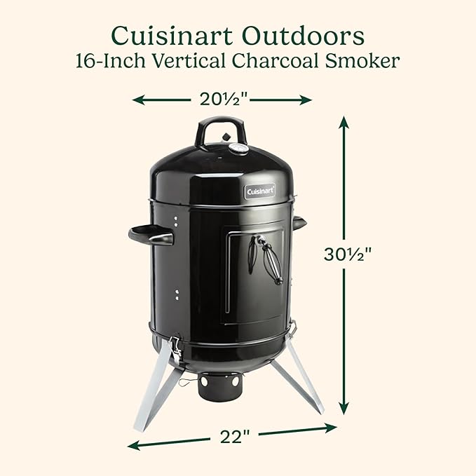 Cuisinart 16” Vertical Charcoal Smoker, Integrated Thermometer, Water Bowl and Dual Vents Perfect for Smoked Brisket, Chrome Plated Grates Smoker Grill for BBQ, Camping, Tailgates
