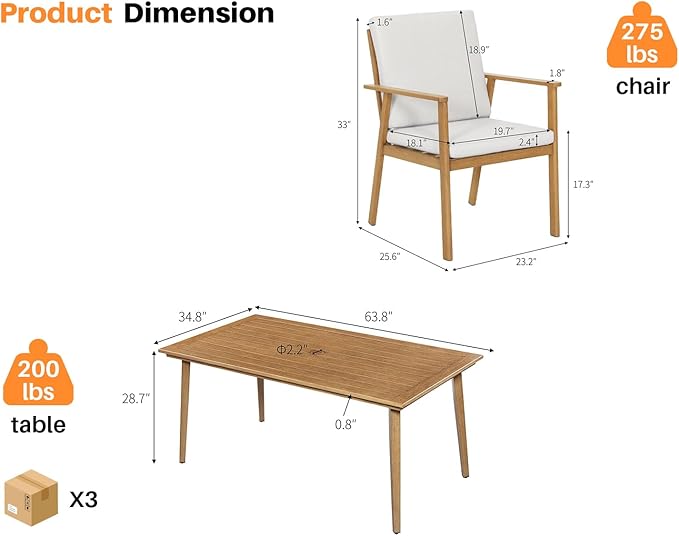7 Pieces Patio Dining Set for 6, Never-Rust Aluminum Outdoor Table and Chair Set, Outdoor Dining Set with Cushions, Outdoor Patio Table Sets with Umbrella Hole for Deck Garden Pool, Teak