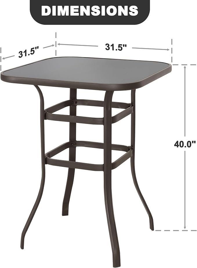 NUU GARDEN 32-Inch Bar Height Patio Table, Outdoor Bistro Table with Tempered Glass Top and Powder-Coated Iron Frame, Black for Backyard, Patio, Cafe
