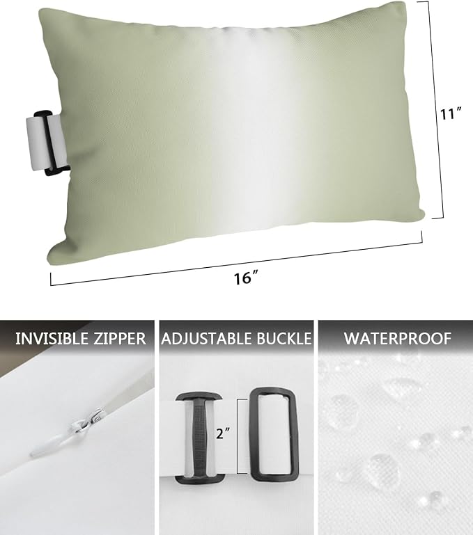 Pack of 2 Outdoor Lumbar Pillow Covers 11x16 Inch, Sage Green Ombre Waterproof Throw Pillow Covers Set, Aesthetics Modern Abstract Art Gradient Decorative Cushion Cases for Patio Porch Car