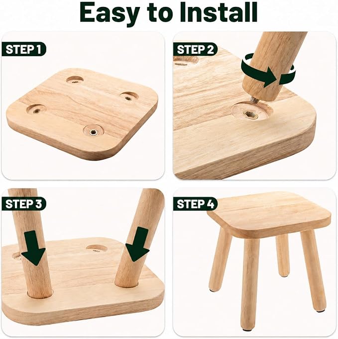Wooden Picnic Stools Set of 4, Tool-Free Assembly Solid Wood Low Profile Portable Seats for Indoor Home, Outdoor Camping, Beach and Patio
