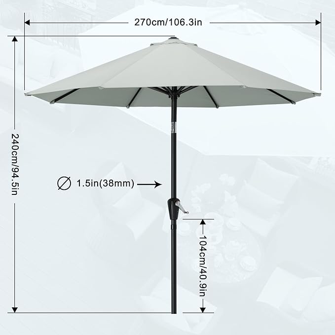 MASTERCANOPY 9FT Patio Umbrella with Push Button Tilt and Crank, Outdoor Market Umbrella with 8 Sturdy Ribs, UV Protection & Waterproof for Garden, Deck, Backyard, Pool (Light Gray)