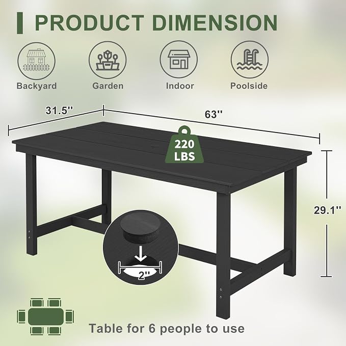 FUNBERRY Outdoor Dining Table, HDPE 6-Person Patio Table with Umbrella Hole | Wood-Grain, HDPE All Weather, No Rot or Rust or Crack, UV Fade Shield, 220LBS Weight Capacity, Easy-Clean for Outside