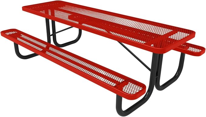 COATEDOUTDOORFURNITURE Heavy-Duty Portable Outdoor Picnic Table, Thermoplastic Coated Expanded Metal Commercial-Grade Patio Dining Furniture Made in America (8ft Rectangular, Red)